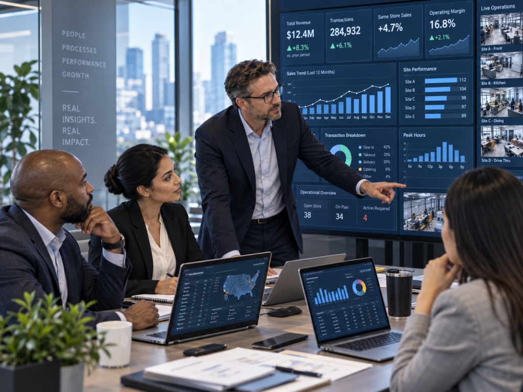 38 Management team reviewing operational data and performance insights