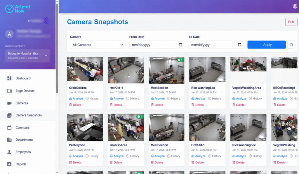 Attend Now VisionIQ camera snapshots showing AI-powered operational monitoring